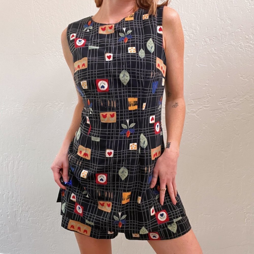 Vintage 1990's Black Printed 1960's Mod Style Romper Dress